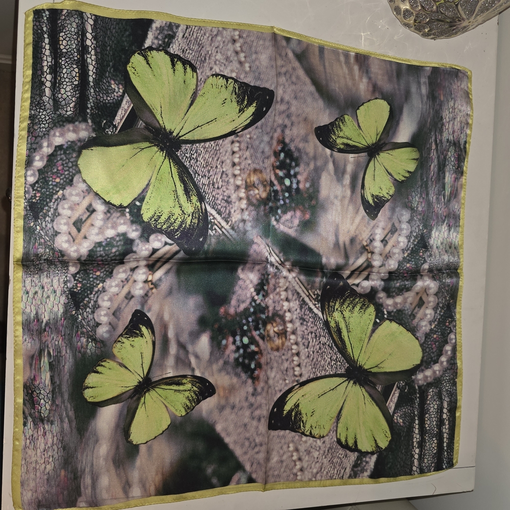100% Silk Scarve With Color Popping Butterfly Design. Size Is 20x20